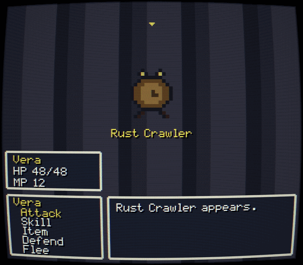 Turn-based battle against a Rust Crawler