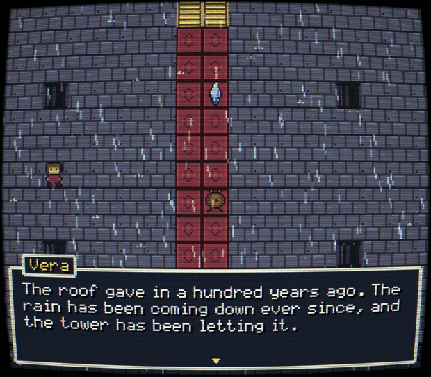 Dialogue scene with rain weather effect