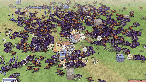 Four heroes battle a huge horde in local co-op